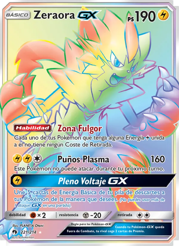 Carta Zeraora GX de la expansión Truenos Perdidos, número 221/214