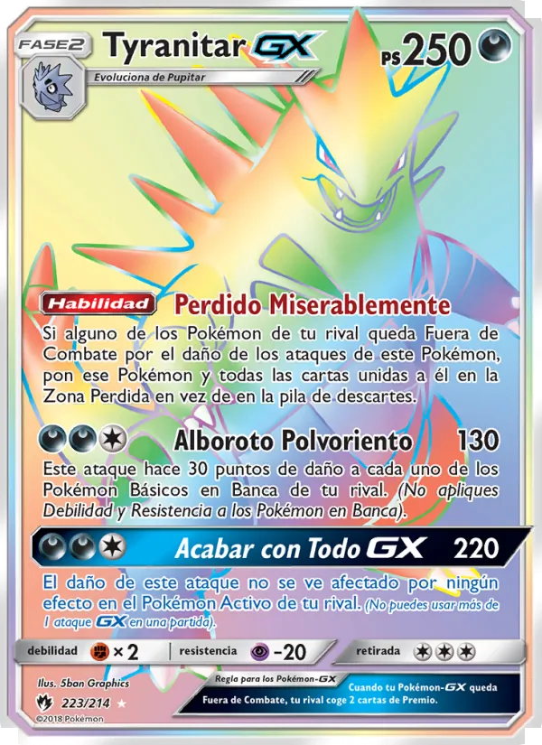 Carta Tyranitar GX de la expansión Truenos Perdidos, número 223/214