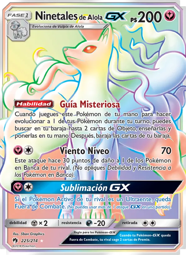 Carta Ninetales de Alola GX de la expansión Truenos Perdidos, número 225/214