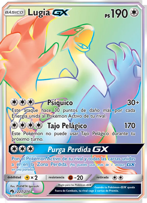 Carta Lugia GX de la expansión Truenos Perdidos, número 227/214