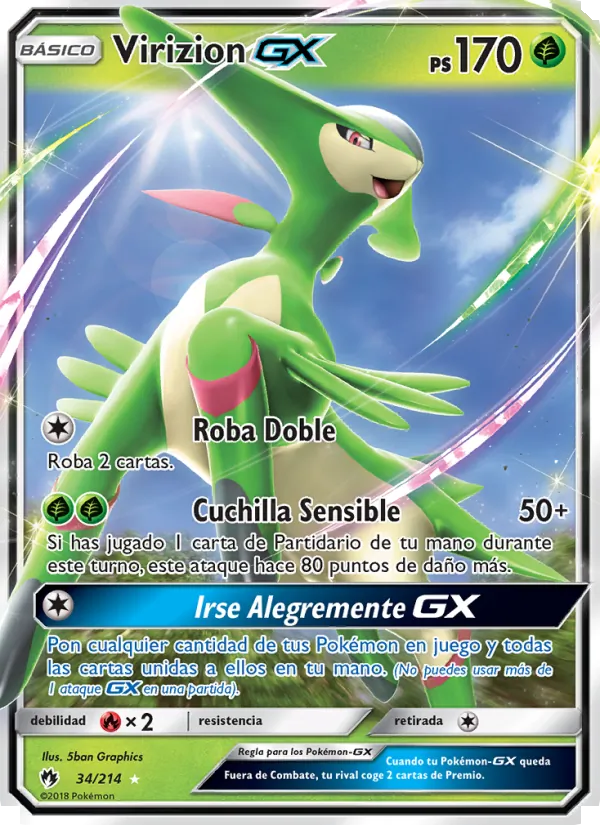 Carta Virizion GX de la expansión Truenos Perdidos, número 34/214