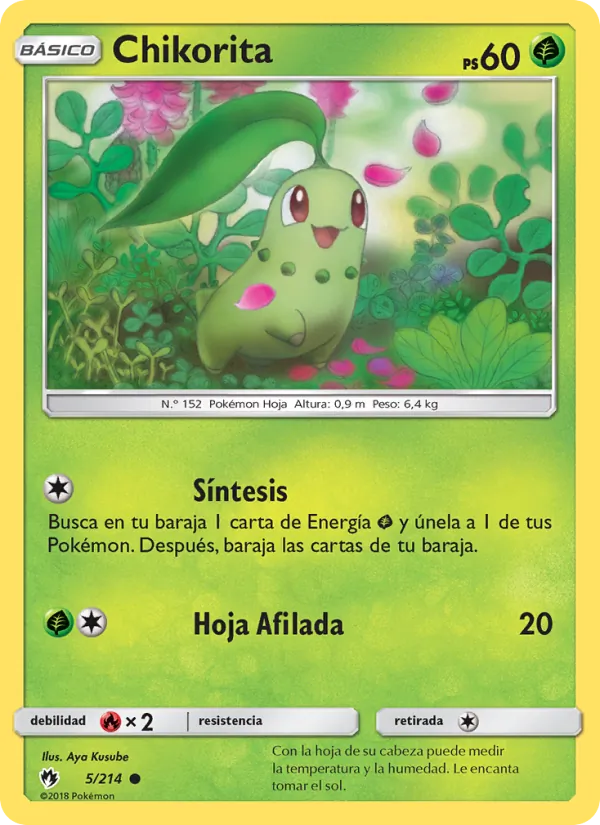 Carta Chikorita de la expansión Truenos Perdidos, número 5/214