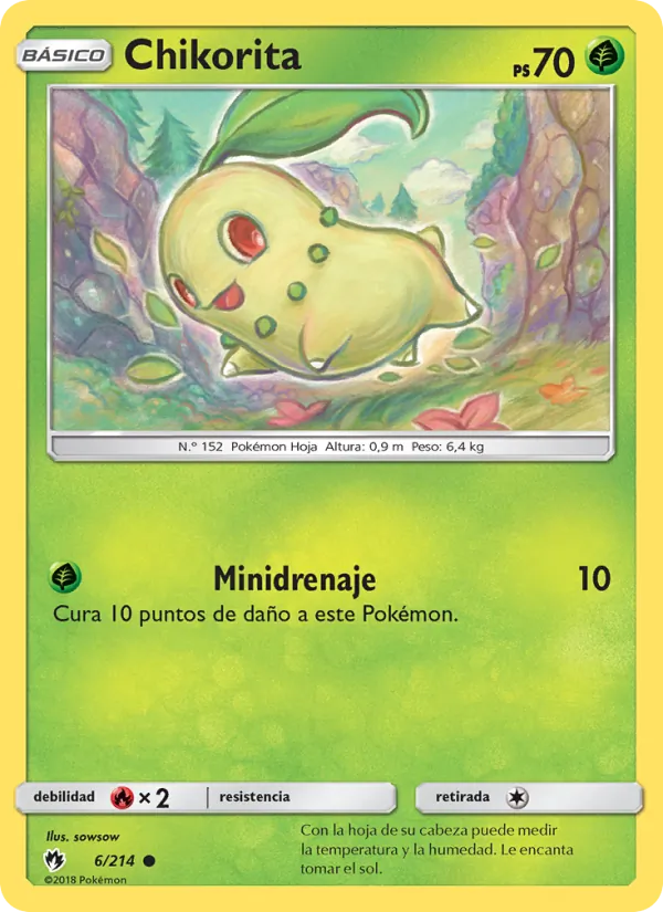 Carta Chikorita de la expansión Truenos Perdidos, número 6/214