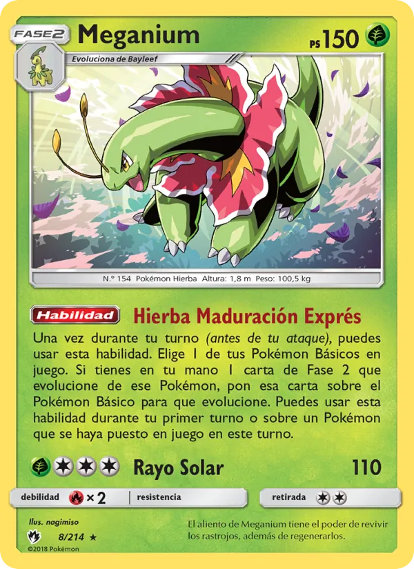 Carta Meganium de la expansión Truenos Perdidos, número 8/214