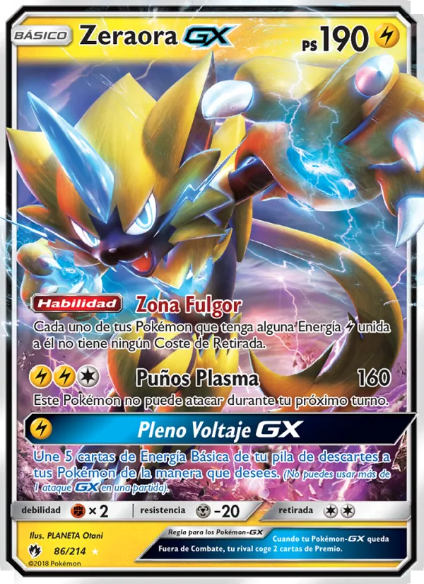 Carta Zeraora GX de la expansión Truenos Perdidos, número 86/214