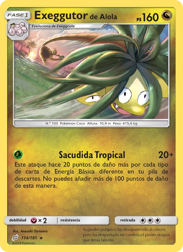 Carta Exeggutor de Alola de la expansión Union de Aliados, número 114/181