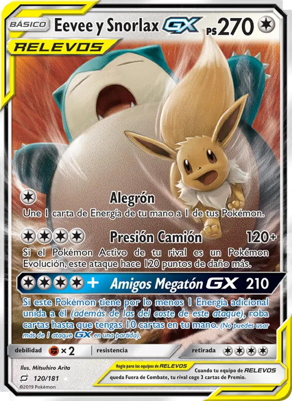 Carta Eevee y Snorlax GX de la expansión Union de Aliados, número 120/181