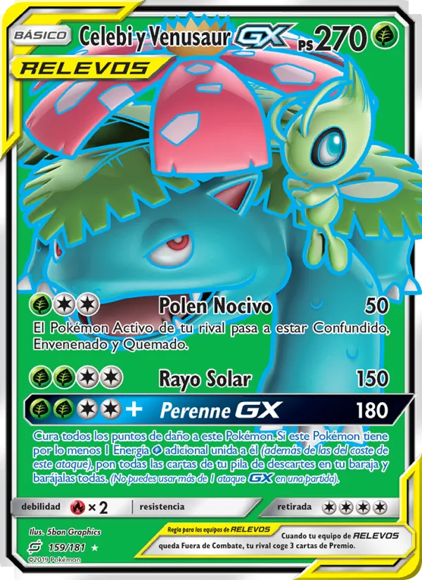 Carta Celebi y Venusaur GX de la expansión Union de Aliados, número 159/181