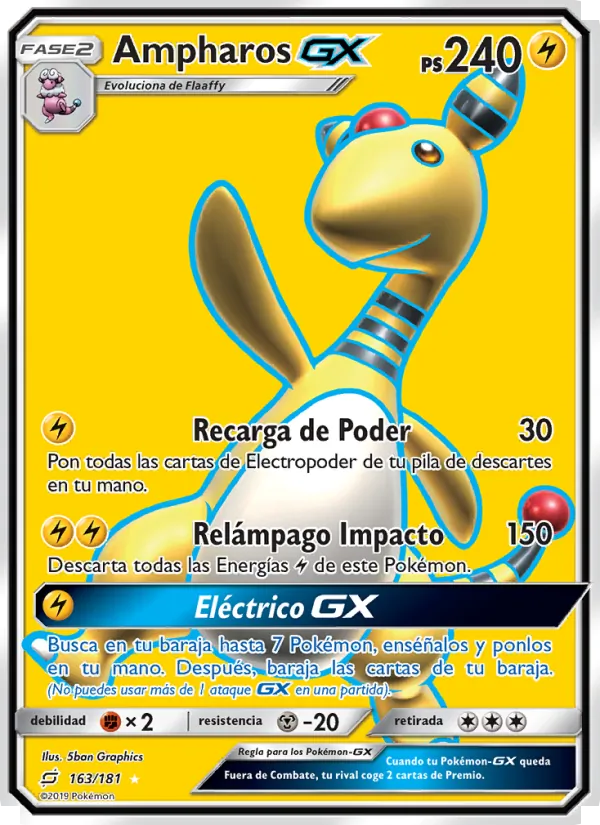 Carta Ampharos GX de la expansión Union de Aliados, número 163/181