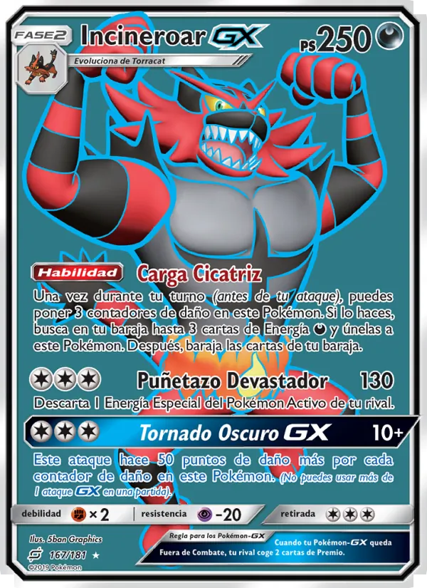 Carta Incineroar GX de la expansión Union de Aliados, número 167/181