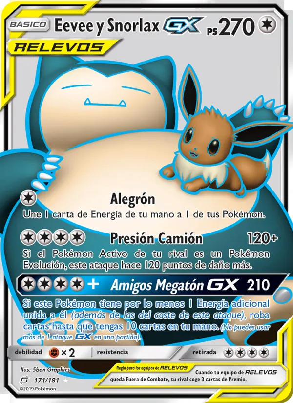 Carta Eevee y Snorlax GX de la expansión Union de Aliados, número 171/181