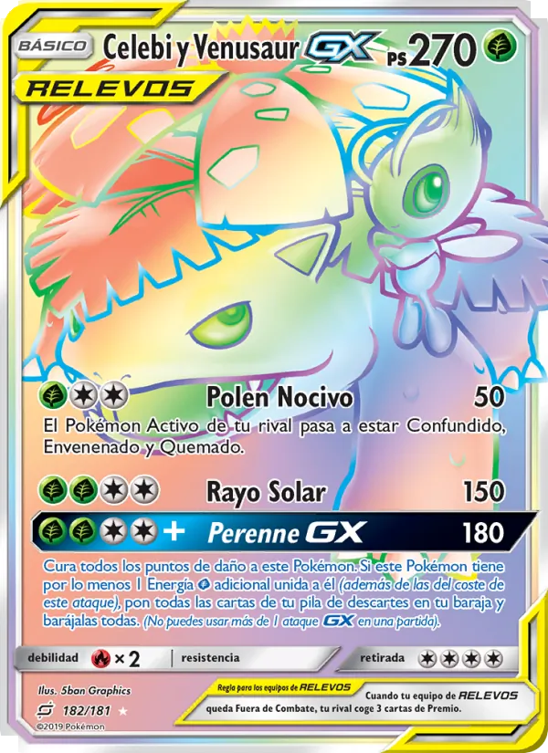 Carta Celebi y Venusaur GX de la expansión Union de Aliados, número 182/181