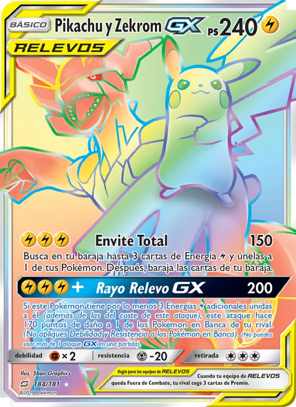 Carta Pikachu y Zekrom GX de la expansión Union de Aliados, número 184/181