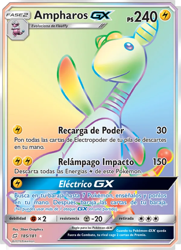 Carta Ampharos GX de la expansión Union de Aliados, número 185/181