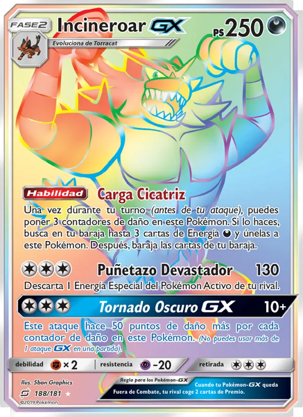 Carta Incineroar GX de la expansión Union de Aliados, número 188/181