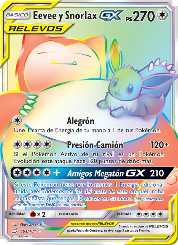 Carta Eevee y Snorlax GX de la expansión Union de Aliados, número 191/181