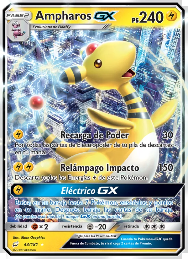 Carta Ampharos GX de la expansión Union de Aliados, número 43/181