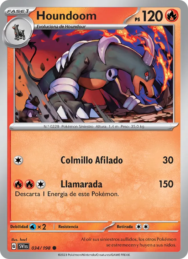 Carta Houndoom de la expansión Escarlata y Púrpura, número 034/198