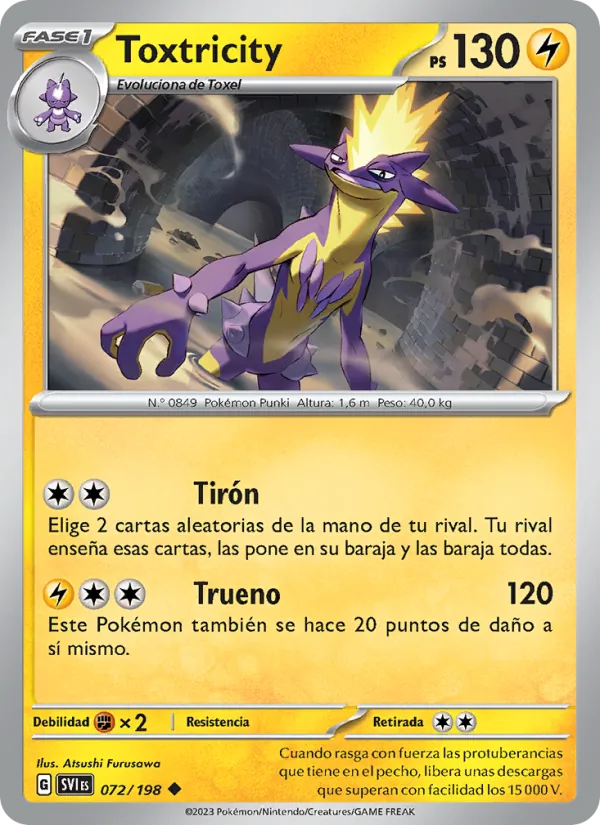 Carta Toxtricity de la expansión Escarlata y Púrpura, número 072/198