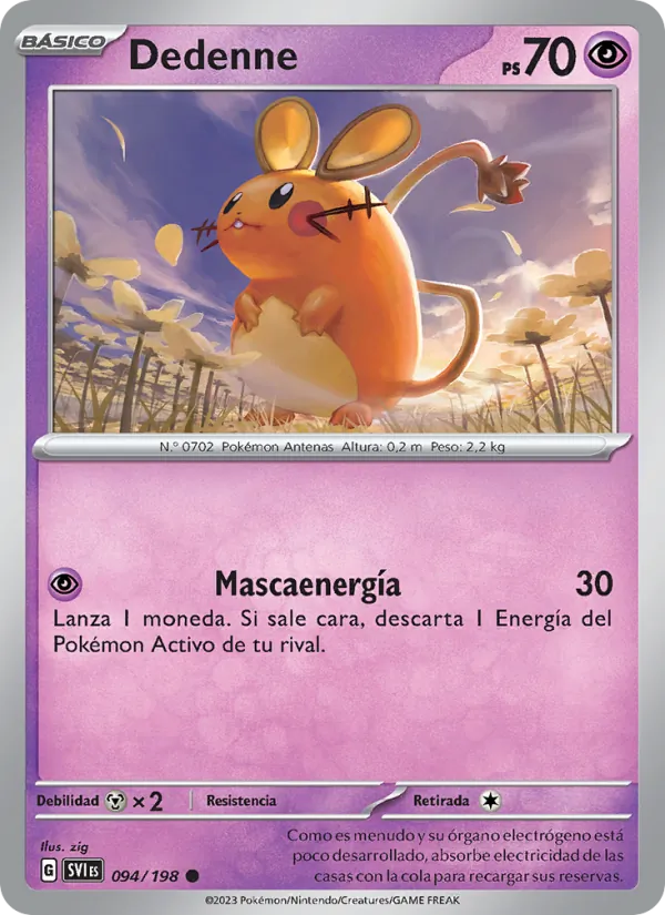Carta Dedenne de la expansión Escarlata y Púrpura, número 094/198