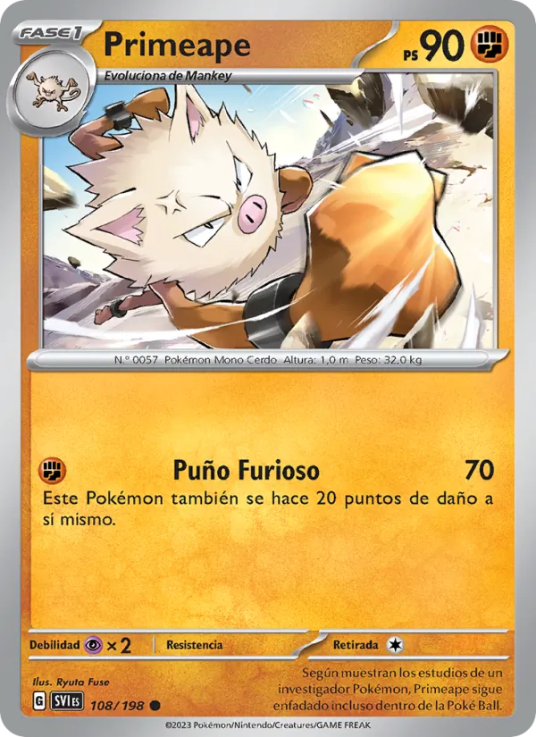 Carta Primeape de la expansión Escarlata y Púrpura, número 108/198