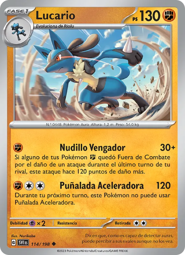 Carta Lucario de la expansión Escarlata y Púrpura, número 114/198