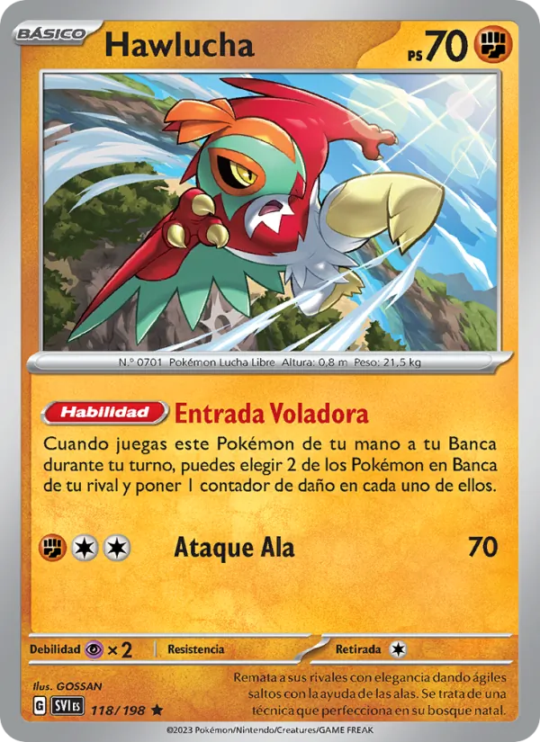 Carta Hawlucha de la expansión Escarlata y Púrpura, número 118/198