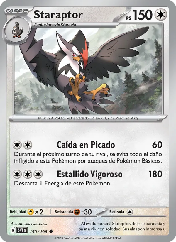 Carta Staraptor de la expansión Escarlata y Púrpura, número 150/198