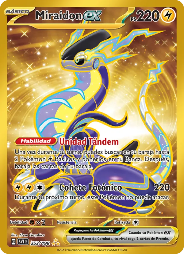 Carta Miraidon ex de la expansión Escarlata y Púrpura, número 253/198