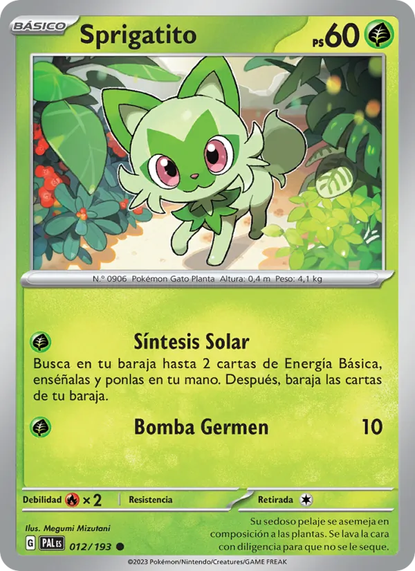 Carta Sprigatito de la expansión Evoluciones en Paldea, número 012/193
