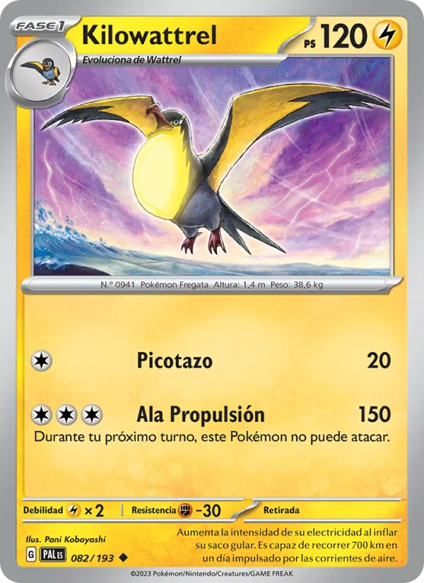 Carta Kilowattrel de la expansión Evoluciones en Paldea, número 082/193