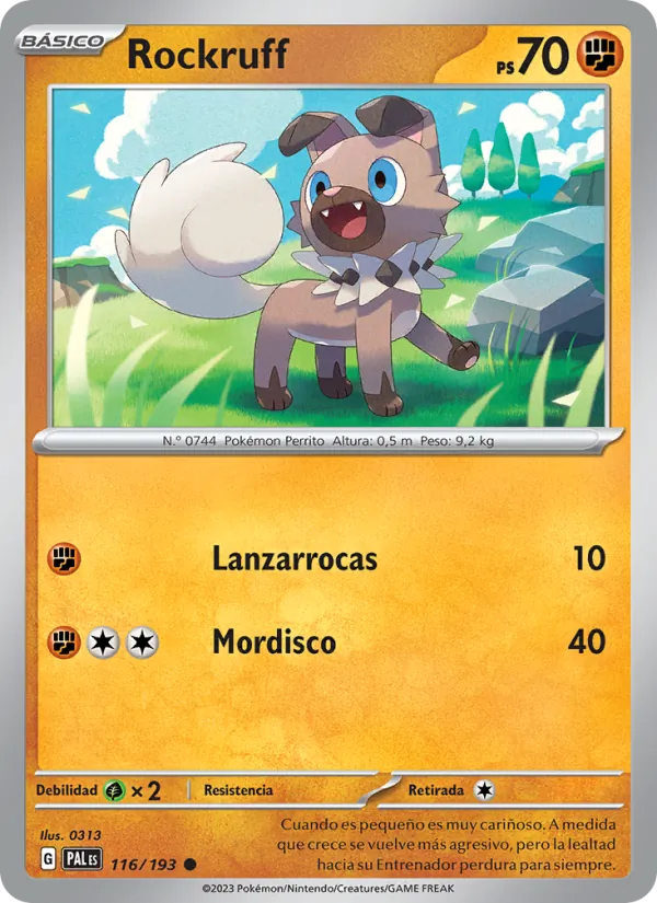 Carta Rockruff de la expansión Evoluciones en Paldea, número 116/193