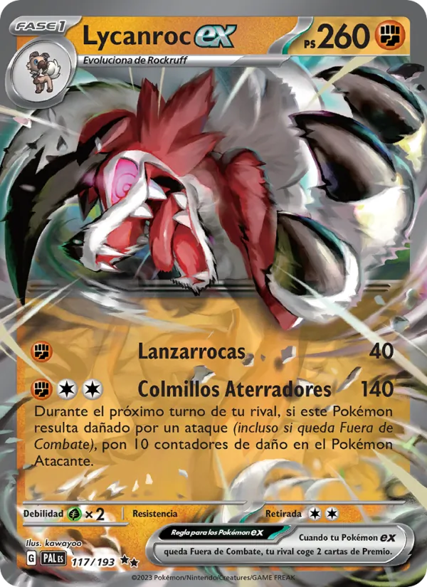 Carta Lycanroc ex de la expansión Evoluciones en Paldea, número 117/193