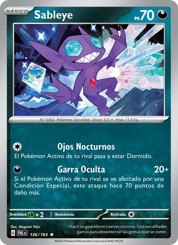 Carta Sableye de la expansión Evoluciones en Paldea, número 136/193