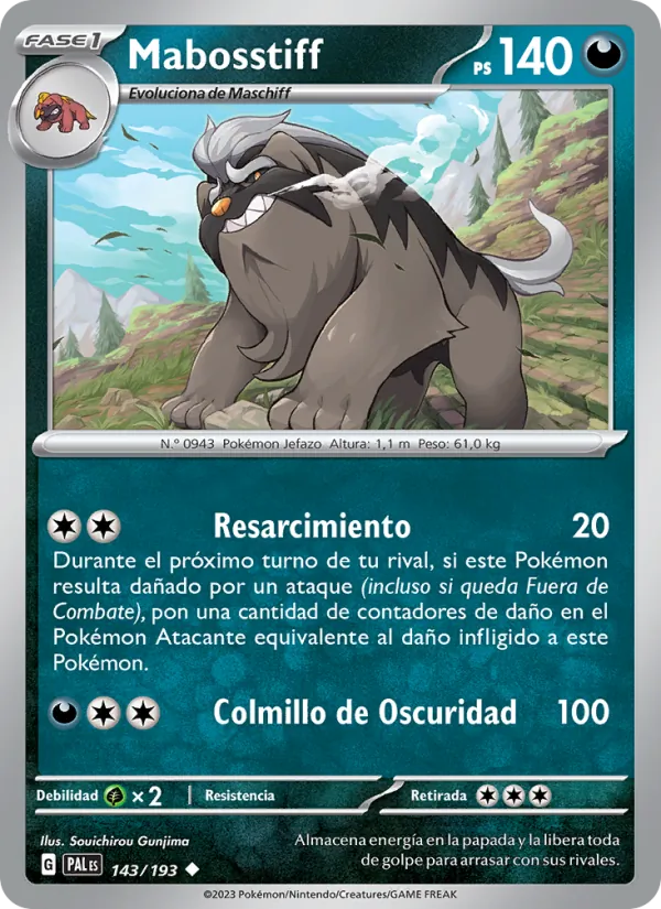Carta Mabosstiff de la expansión Evoluciones en Paldea, número 143/193