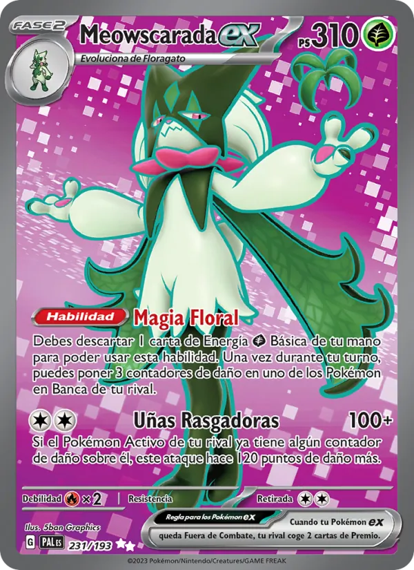 Carta Meowscarada ex de la expansión Evoluciones en Paldea, número 231/193