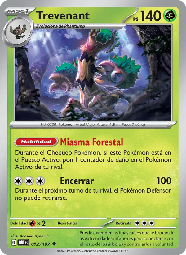 Carta Trevenant de la expansión Llamas Obsidianas, número 012/197