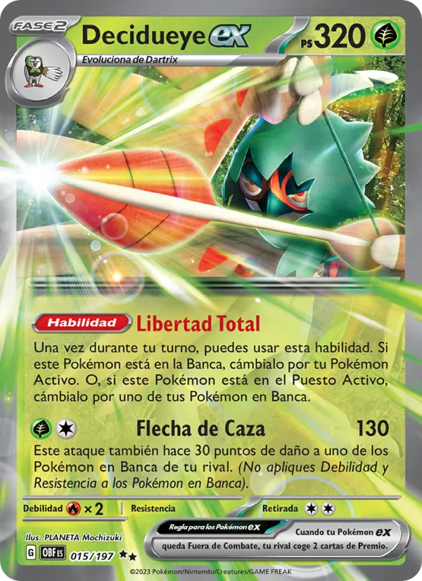 Carta Decidueye ex de la expansión Llamas Obsidianas, número 015/197