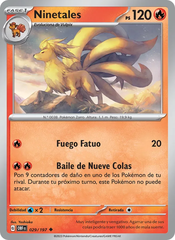 Carta Ninetales de la expansión Llamas Obsidianas, número 029/197