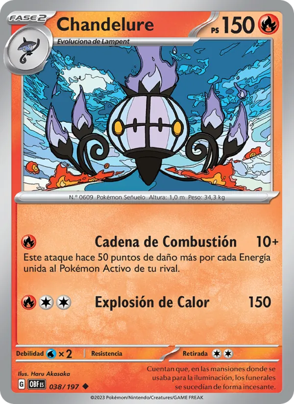 Carta Chandelure de la expansión Llamas Obsidianas, número 038/197