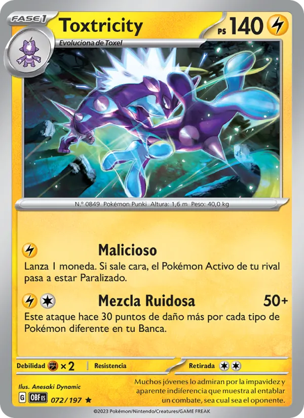 Carta Toxtricity de la expansión Llamas Obsidianas, número 072/197