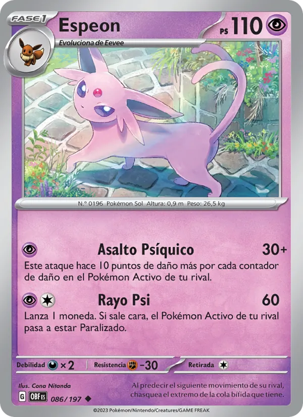 Carta Espeon de la expansión Llamas Obsidianas, número 086/197