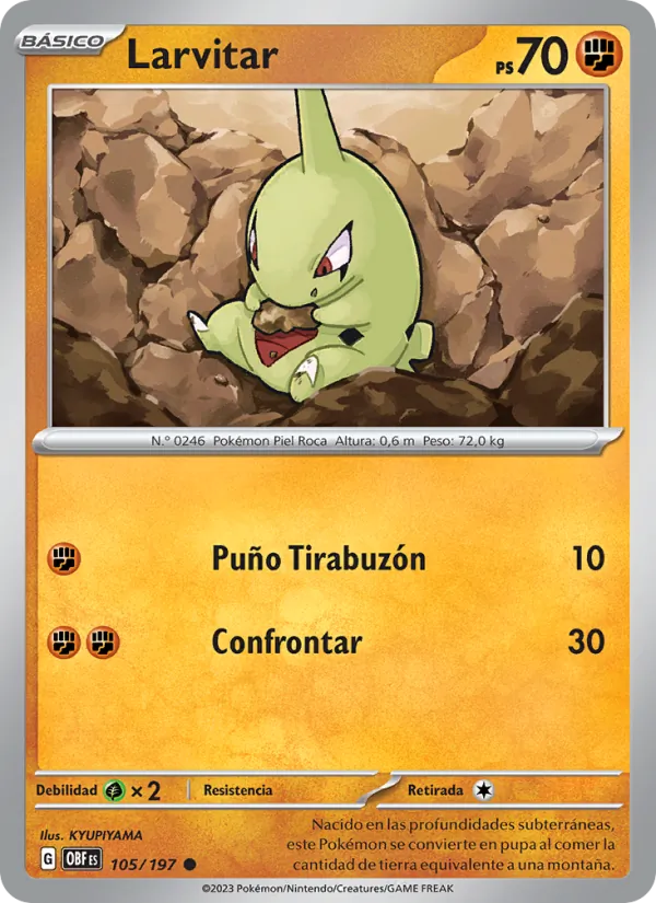 Carta Larvitar de la expansión Llamas Obsidianas, número 105/197