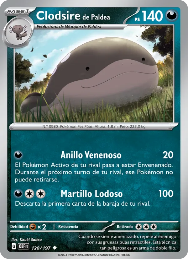 Carta Clodsire de Paldea de la expansión Llamas Obsidianas, número 128/197