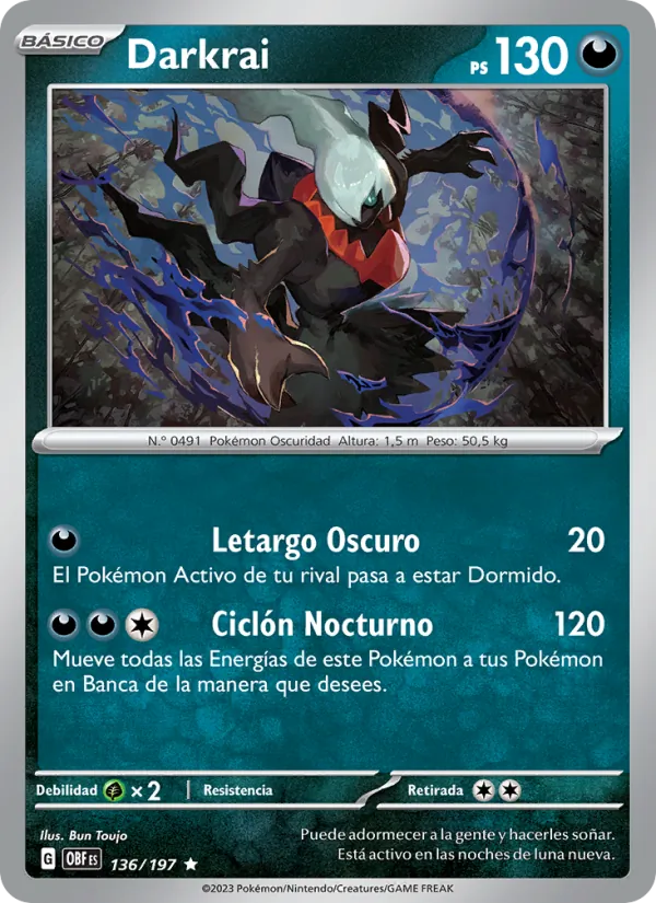 Carta Darkrai de la expansión Llamas Obsidianas, número 136/197