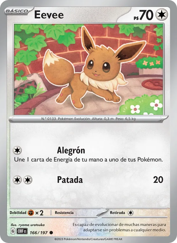 Carta Eevee de la expansión Llamas Obsidianas, número 166/197