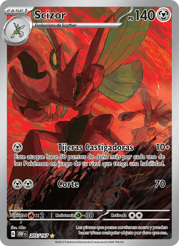 Carta Scizor de la expansión Llamas Obsidianas, número 205/197