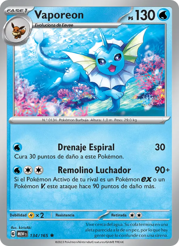 Carta Vaporeon de la expansión 151, número 134/165