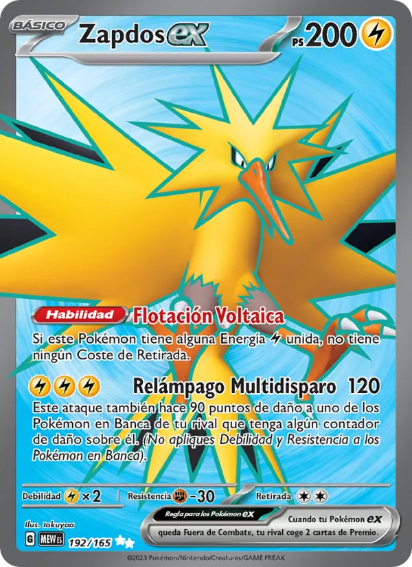 Carta Zapdos ex de la expansión 151, número 192/165
