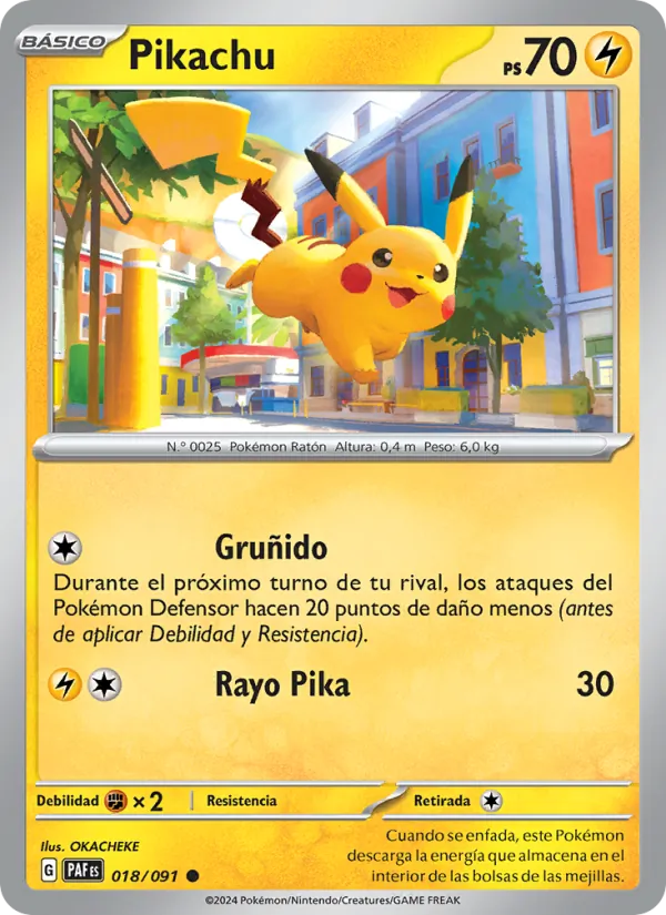 Carta Pikachu de la expansión Destinos de Paldea, número 018/91